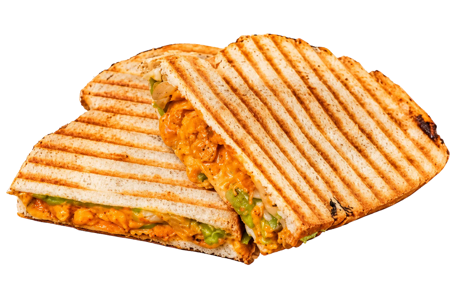 A grilled sandwich pressed and cut open
