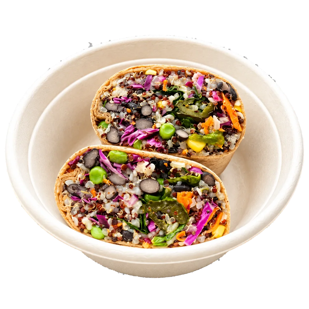A vegetable wrap sliced in half